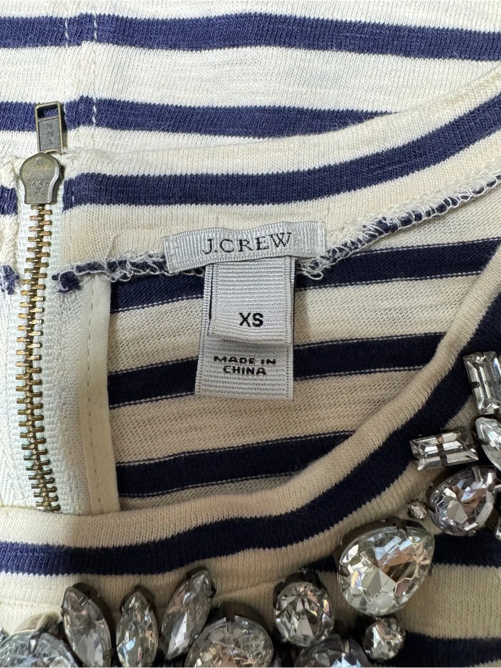 {J. Crew} Cream Navy Striped Rhinestone Statement Necklace Long Sleeve Top WSH38